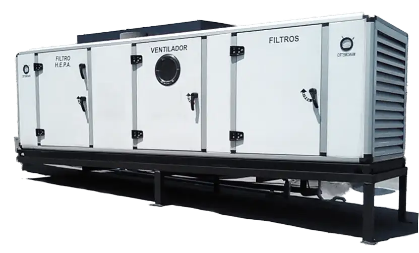 Unidad Manejadora de Aire industrial con compartimentos de filtración y ventilador, utilizada en climatización de espacios productivos