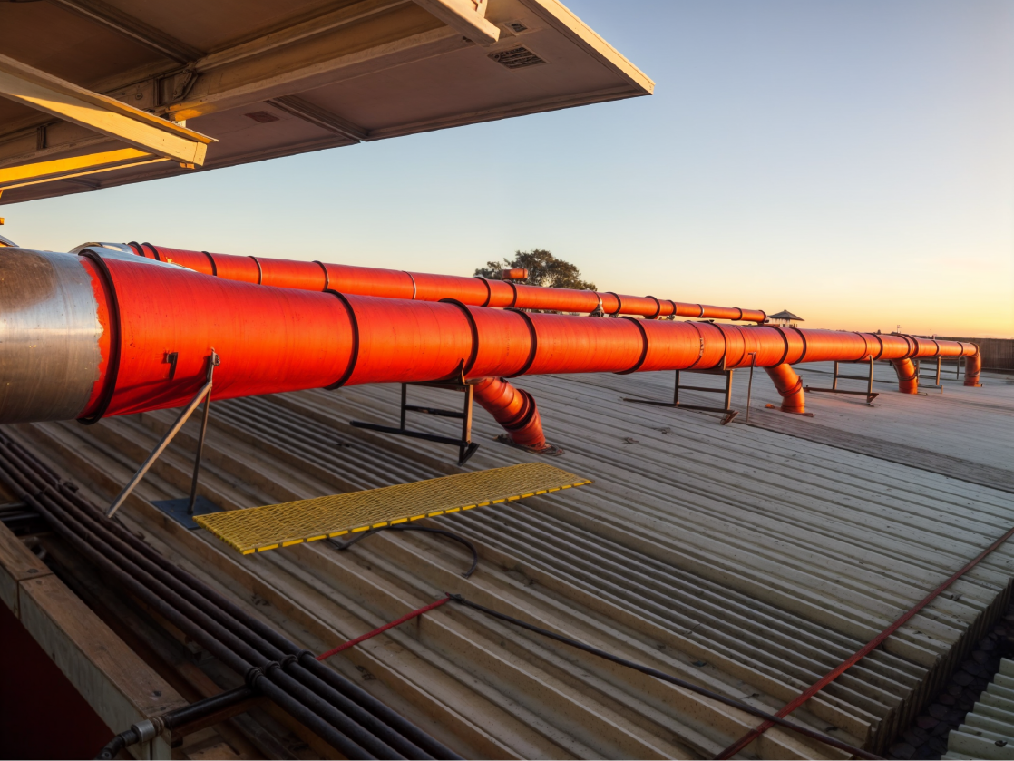 Ductería textil exterior para sistemas de ventilación industrial | MCAT Instalación de ducto textil rojo sobre techo metálico en planta industrial al atardecer, como parte de un sistema de ventilación eficiente