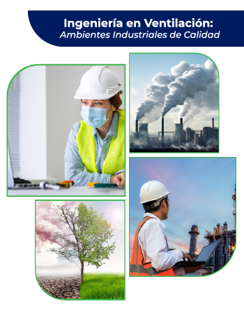 Composición visual de ingenieros, fábricas y medio ambiente aplicando innovación en ventilación industrial