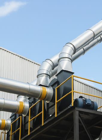 Ductos metálicos en sistema de transporte neumático industrial con ventiladores y estructura elevada Sistema de Transporte Neumático con Ductería de Alta Presión