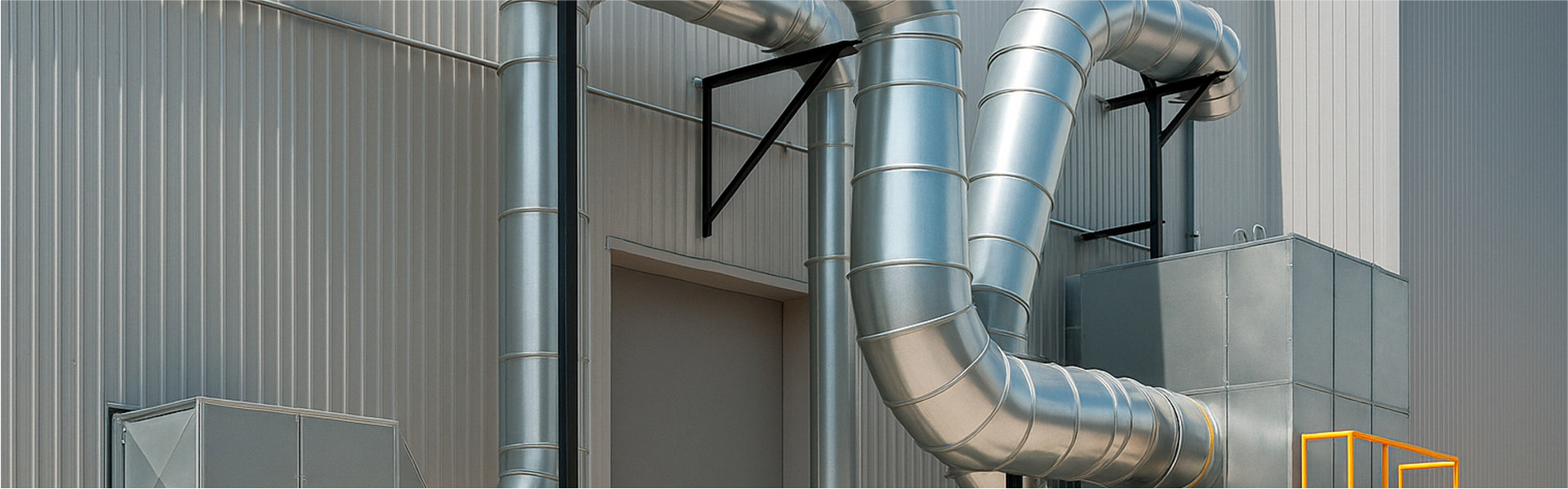 Sistema de Climatización Industrial Exterior Conductos metálicos de gran tamaño para sistema de climatización en planta industrial