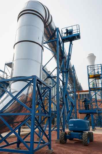 Montaje de ductería galvanizada sobre estructura metálica con elevadores hidráulicos